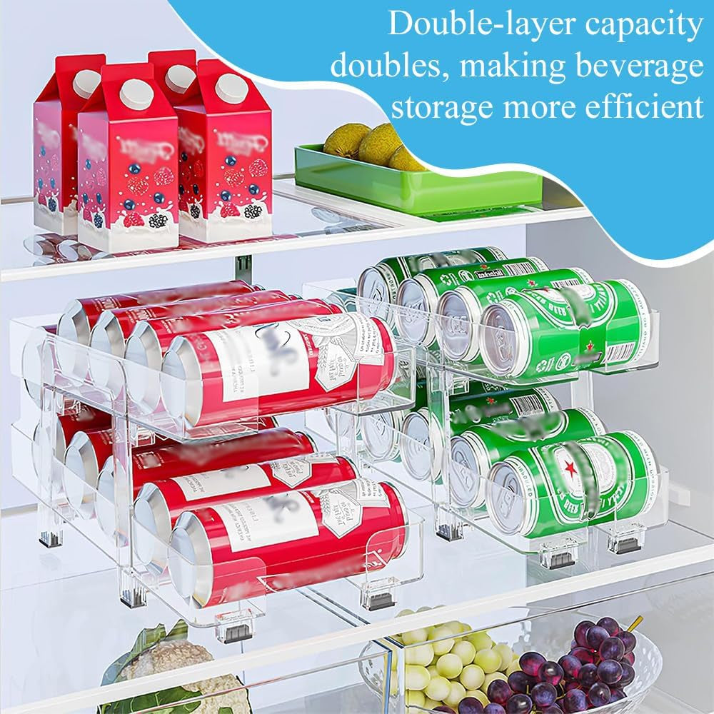 2 Pack Soda Can Dispenser,Cans Organizer, Fridge Organization Holder,Drink Organizer,Drink Holder,For Refrigerator Organizing,Beer,Drinks,Cans,Cola,Double Layer (Clear)