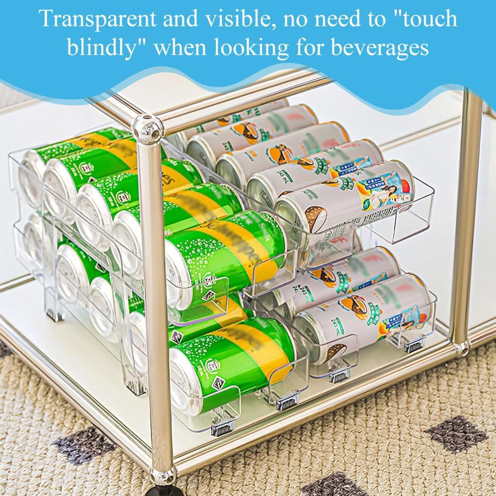 2 Pack Soda Can Dispenser,Cans Organizer, Fridge Organization Holder,Drink Organizer,Drink Holder,For Refrigerator Organizing,Beer,Drinks,Cans,Cola,Double Layer (Clear)